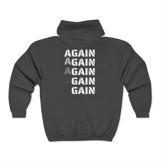 Full Zip Hoodie with "AGAIN" Design - Heavy Blend